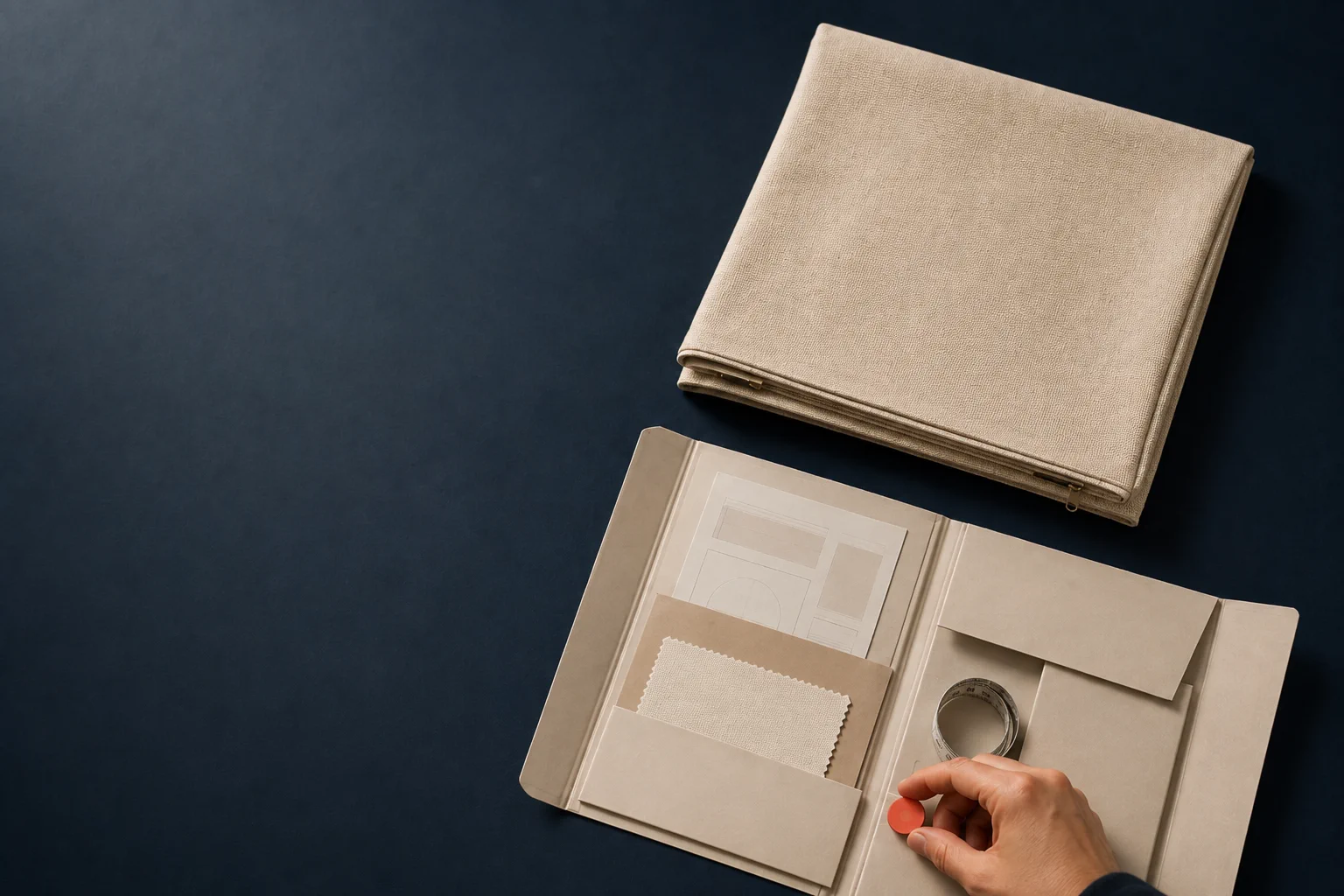 Funda decorativa de tejido beige junto a un expediente de producto ficticio